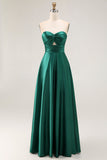 Dark Green A-Line Strapless Satin Long Bridesmaid Dress with Lace Up Back
