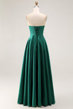 Dark Green A-Line Strapless Satin Long Bridesmaid Dress with Lace Up Back