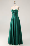 Dark Green A-Line Strapless Satin Long Bridesmaid Dress with Lace Up Back
