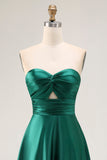 Dark Green A-Line Strapless Satin Long Bridesmaid Dress with Lace Up Back