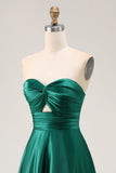 Dark Green A-Line Strapless Satin Long Bridesmaid Dress with Lace Up Back