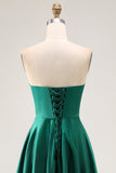 Dark Green A-Line Strapless Satin Long Bridesmaid Dress with Lace Up Back