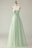 Dark Green A-Line Strapless Satin Long Bridesmaid Dress with Lace Up Back