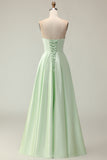 Dark Green A-Line Strapless Satin Long Bridesmaid Dress with Lace Up Back