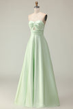 Dark Green A-Line Strapless Satin Long Bridesmaid Dress with Lace Up Back