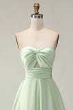 Dark Green A-Line Strapless Satin Long Bridesmaid Dress with Lace Up Back