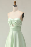 Dark Green A-Line Strapless Satin Long Bridesmaid Dress with Lace Up Back