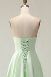 Dark Green A-Line Strapless Satin Long Bridesmaid Dress with Lace Up Back