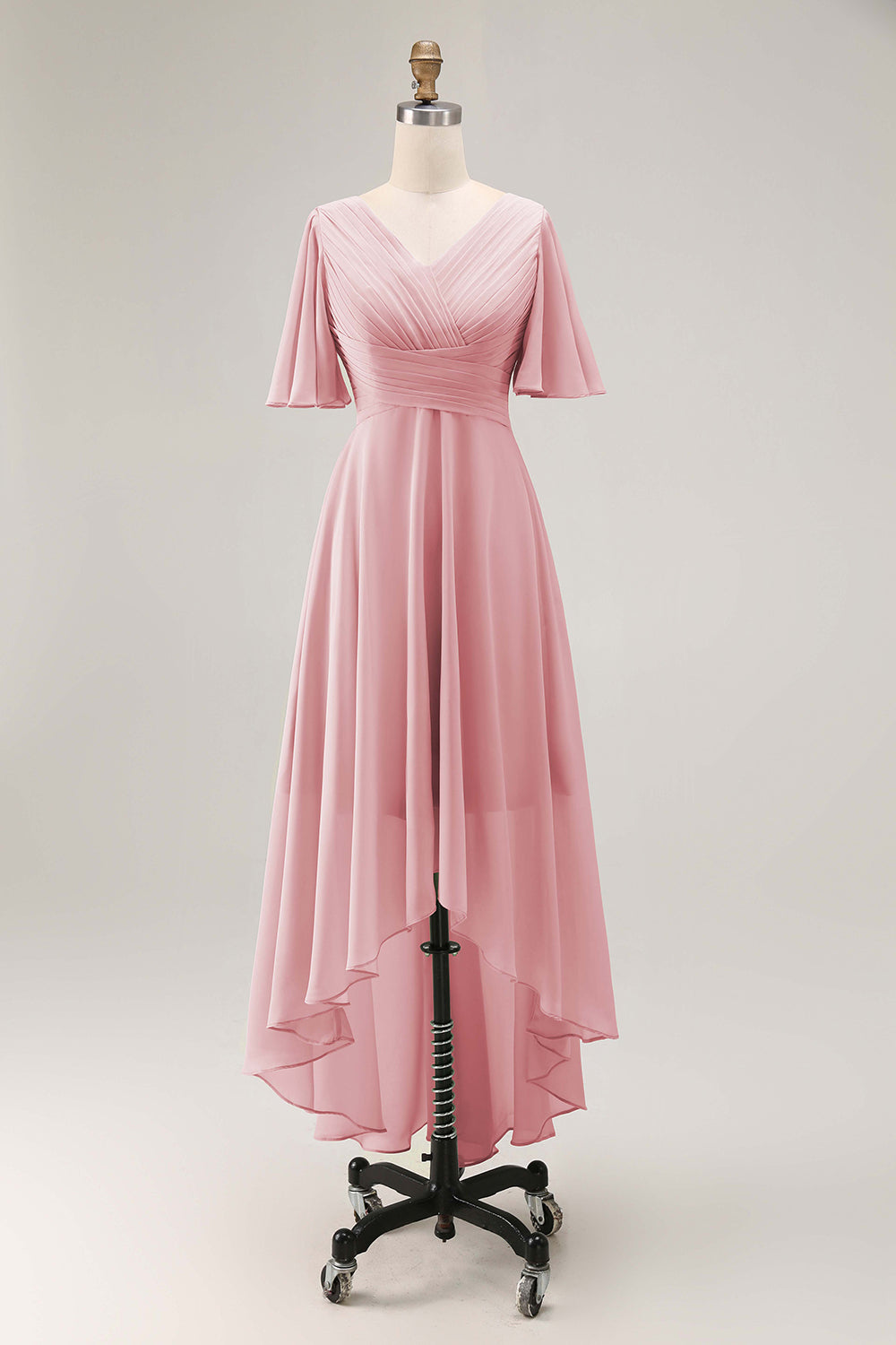 WEDTREND Women Sage Green Bridesmaid Dress with Lace Up Back Pleated A-Line Chiffon V-Neck High Low Wedding Guest Dress with Short Sleeves, Dusty Rose