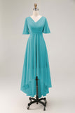 Sage Green A-Line Chiffon Pleated High Low Bridesmaid Dress with Short Sleeves