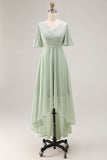 Sage Green A-Line Chiffon Pleated High Low Bridesmaid Dress with Short Sleeves