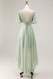 Sage Green A-Line Chiffon Pleated High Low Bridesmaid Dress with Short Sleeves