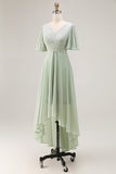 Sage Green A-Line Chiffon Pleated High Low Bridesmaid Dress with Short Sleeves
