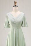 Sage Green A-Line Chiffon Pleated High Low Bridesmaid Dress with Short Sleeves