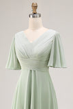 Sage Green A-Line Chiffon Pleated High Low Bridesmaid Dress with Short Sleeves