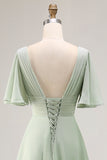 Sage Green A-Line Chiffon Pleated High Low Bridesmaid Dress with Short Sleeves