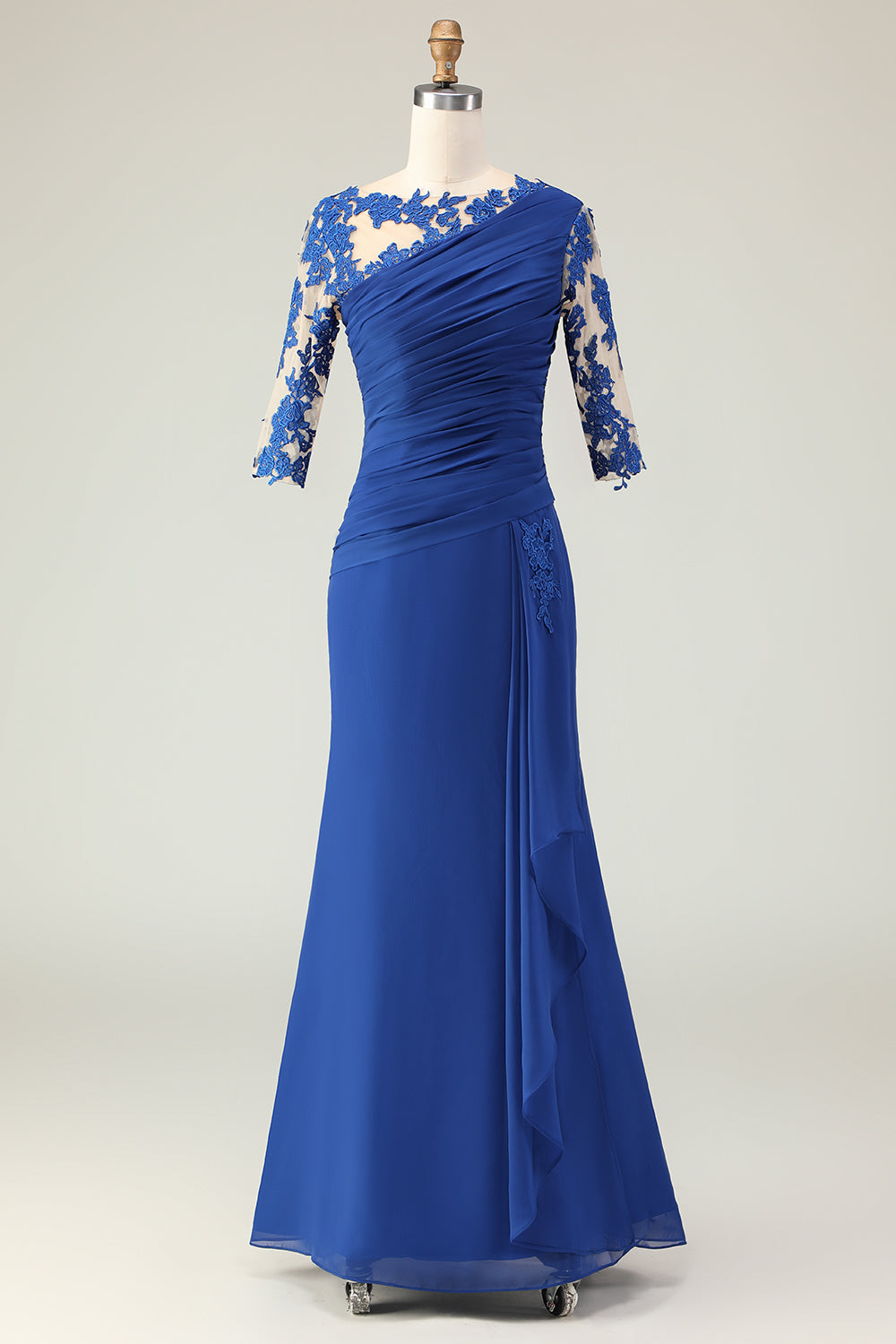 WEDTREND Women Royal Blue Mermaid Mother Of The Bride Dress Illusion Neck Half Sleeves Ruched Chiffon Long Wedding Guest Dress with Appliques WEDTREND Women Royal Blue Mermaid Mother Of The Bride Dress Illusion Neck Half Sleeves Ruched Chiffon Long Wedding Guest Dress with Appliques