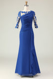 Royal Blue Mermaid Ruched Half Sleeves Mother Of The Bride Dress with Appliques