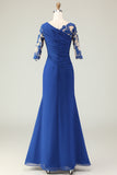 Royal Blue Mermaid Ruched Half Sleeves Mother Of The Bride Dress with Appliques