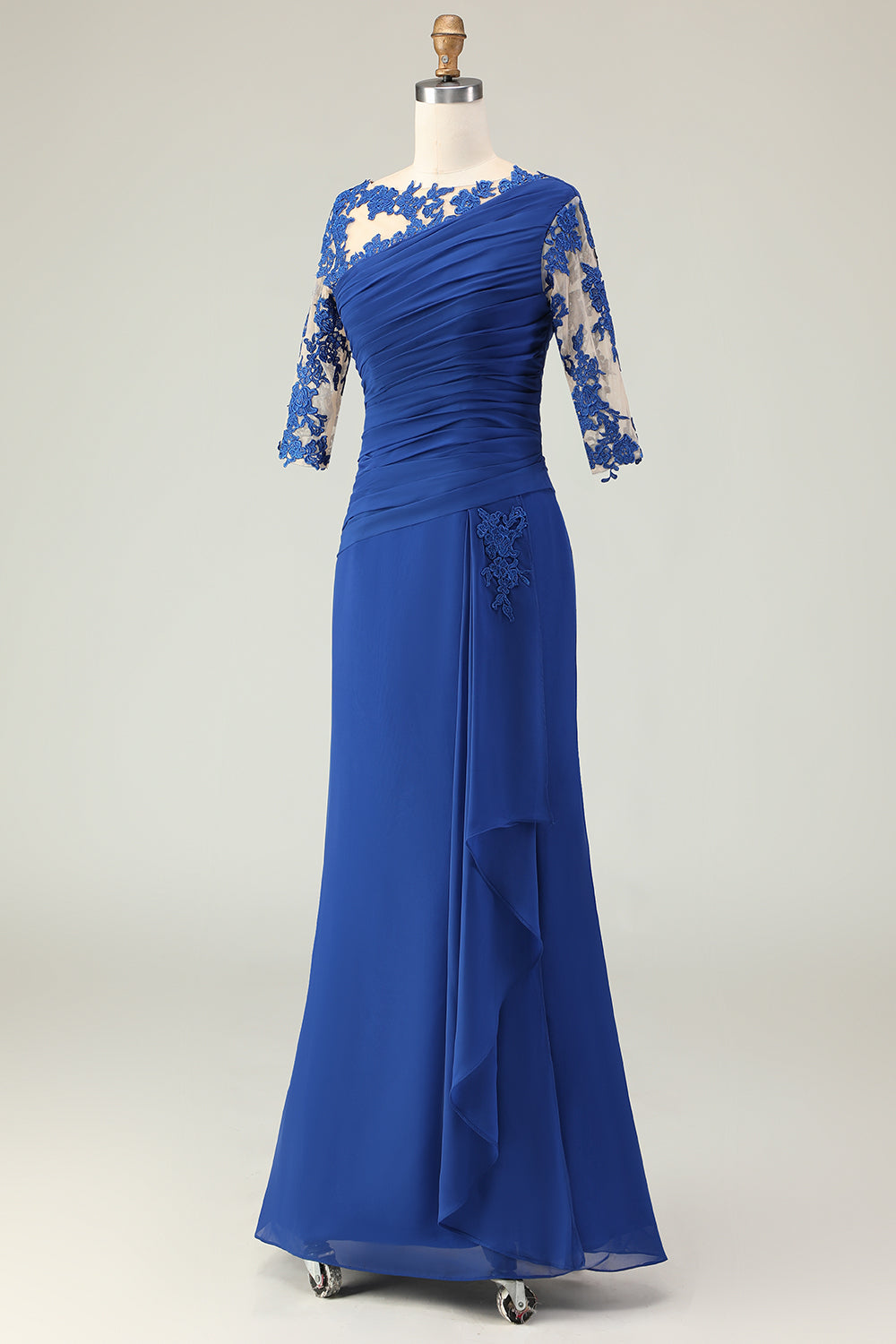 WEDTREND Women Royal Blue Mermaid Mother Of The Bride Dress Illusion Neck Half Sleeves Ruched Chiffon Long Wedding Guest Dress with Appliques WEDTREND Women Royal Blue Mermaid Mother Of The Bride Dress Illusion Neck Half Sleeves Ruched Chiffon Long Wedding Guest Dress with Appliques
