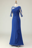 Royal Blue Mermaid Ruched Half Sleeves Mother Of The Bride Dress with Appliques