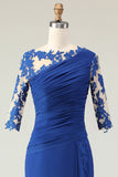 Royal Blue Mermaid Ruched Half Sleeves Mother Of The Bride Dress with Appliques