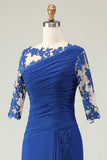 Royal Blue Mermaid Ruched Half Sleeves Mother Of The Bride Dress with Appliques