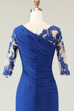 Royal Blue Mermaid Ruched Half Sleeves Mother Of The Bride Dress with Appliques
