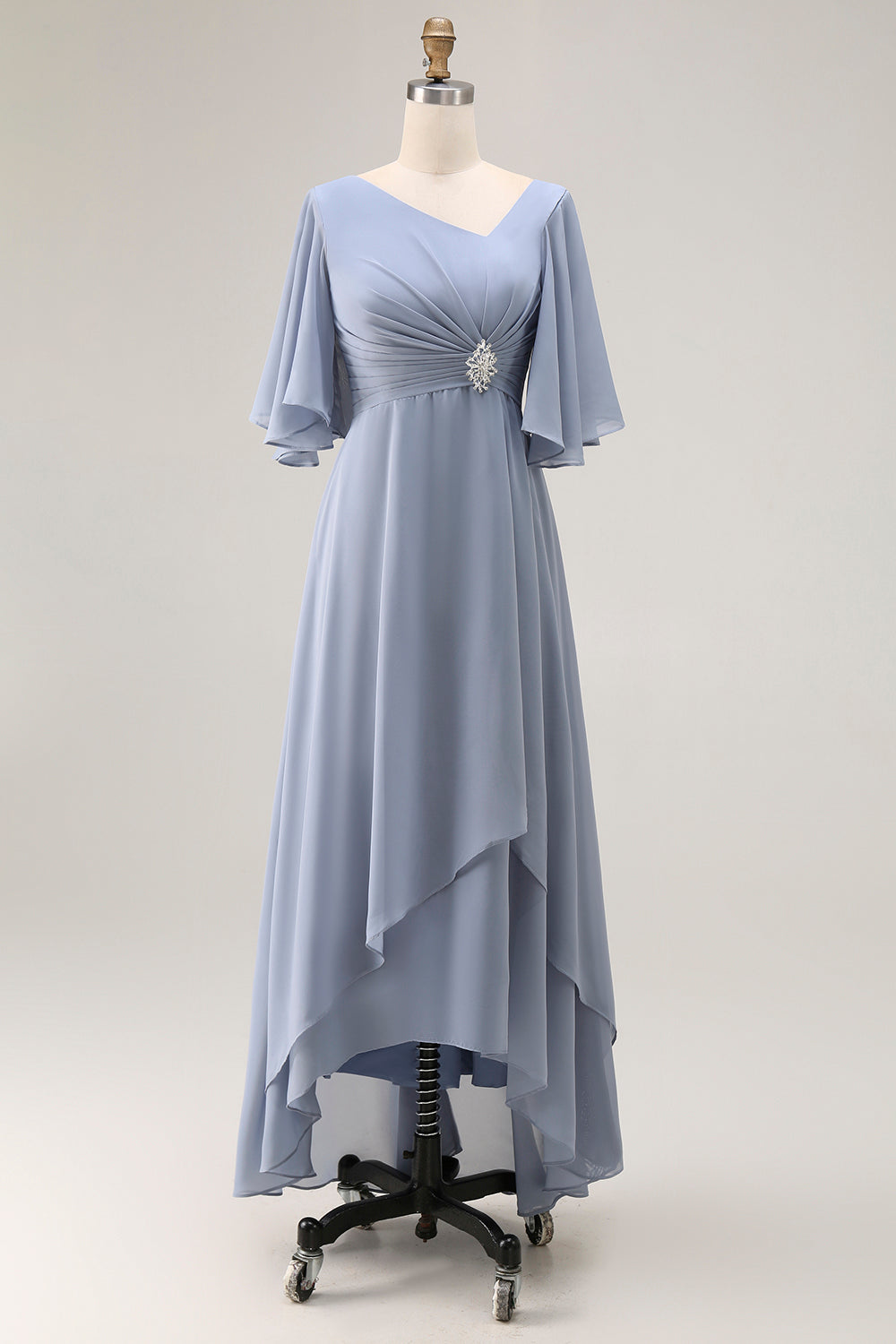 WEDTREND Women Dusty Blue Mother Of The Bride Dress with Short Sleeves A-Line Chiffon V-Neck Ruched Lace Up Back Wedding Guest Dress, Dusty Blue