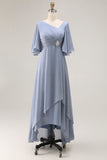 Dusty Blue A-Line Chiffon V-Neck Ruched Mother Of The Bride Dress with Short Sleeves