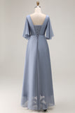 Dusty Blue A-Line Chiffon V-Neck Ruched Mother Of The Bride Dress with Short Sleeves