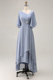 Dusty Blue A-Line Chiffon V-Neck Ruched Mother Of The Bride Dress with Short Sleeves