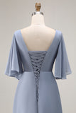 Dusty Blue A-Line Chiffon V-Neck Ruched Mother Of The Bride Dress with Short Sleeves
