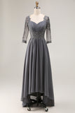 Steel Grey Appliqued A-Line Half Sleeves Mother Of The Bride Dress with Back Keyhole
