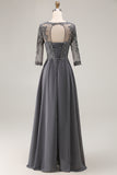 Steel Grey Appliqued A-Line Half Sleeves Mother Of The Bride Dress with Back Keyhole