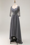 Steel Grey Appliqued A-Line Half Sleeves Mother Of The Bride Dress with Back Keyhole