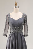 Steel Grey Appliqued A-Line Half Sleeves Mother Of The Bride Dress with Back Keyhole
