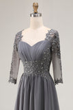 Steel Grey Appliqued A-Line Half Sleeves Mother Of The Bride Dress with Back Keyhole