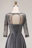 Steel Grey Appliqued A-Line Half Sleeves Mother Of The Bride Dress with Back Keyhole