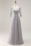 Silver Appliqued A-Line V-Neck Long Mother Of The Bride Dress with Lace Up Back