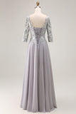 Silver Appliqued A-Line V-Neck Long Mother Of The Bride Dress with Lace Up Back