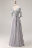 Silver Appliqued A-Line V-Neck Long Mother Of The Bride Dress with Lace Up Back
