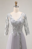 Silver Appliqued A-Line V-Neck Long Mother Of The Bride Dress with Lace Up Back
