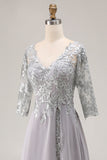 Silver Appliqued A-Line V-Neck Long Mother Of The Bride Dress with Lace Up Back