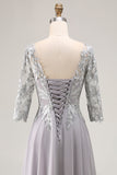 Silver Appliqued A-Line V-Neck Long Mother Of The Bride Dress with Lace Up Back