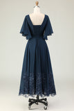 Navy A-Line Embroidered Chiffon V-Neck Chiffon Mother Dress with Rhinestones