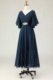 Navy A-Line Embroidered Chiffon V-Neck Chiffon Mother Dress with Rhinestones