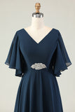 Navy A-Line Embroidered Chiffon V-Neck Chiffon Mother Dress with Rhinestones