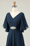 Navy A-Line Embroidered Chiffon V-Neck Chiffon Mother Dress with Rhinestones
