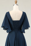 Navy A-Line Embroidered Chiffon V-Neck Chiffon Mother Dress with Rhinestones